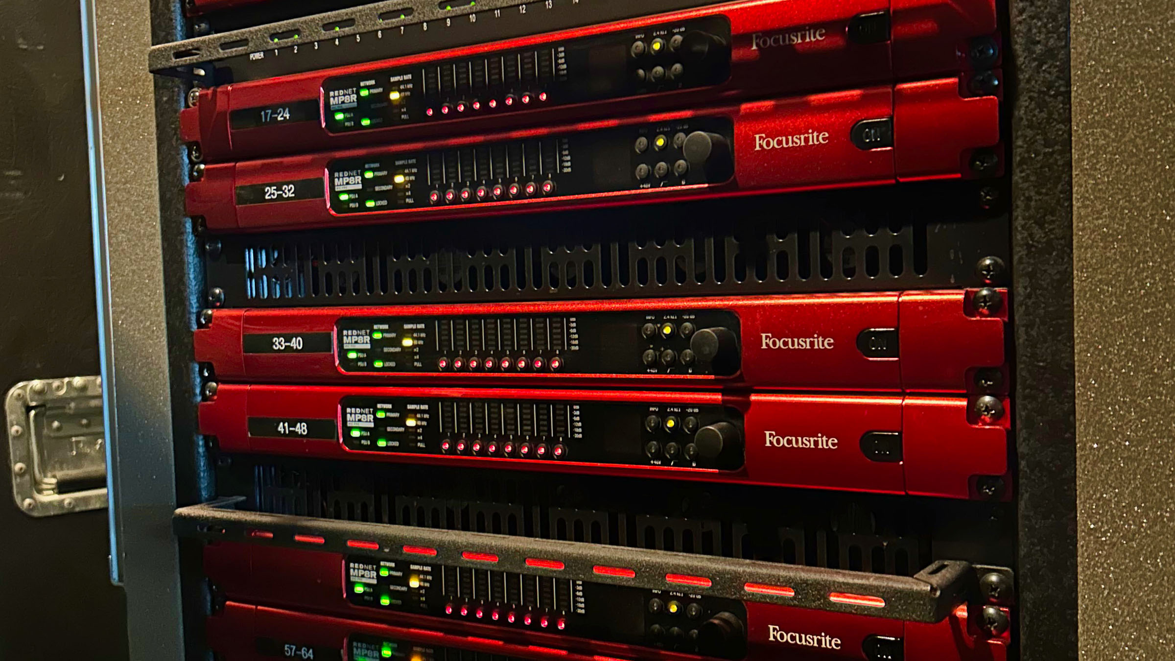 Gear rack in American Mobile’s remote truck, featuring Focusrite RedNet components Gear rack in American Mobile’s remote truck, featuring Focusrite RedNet components