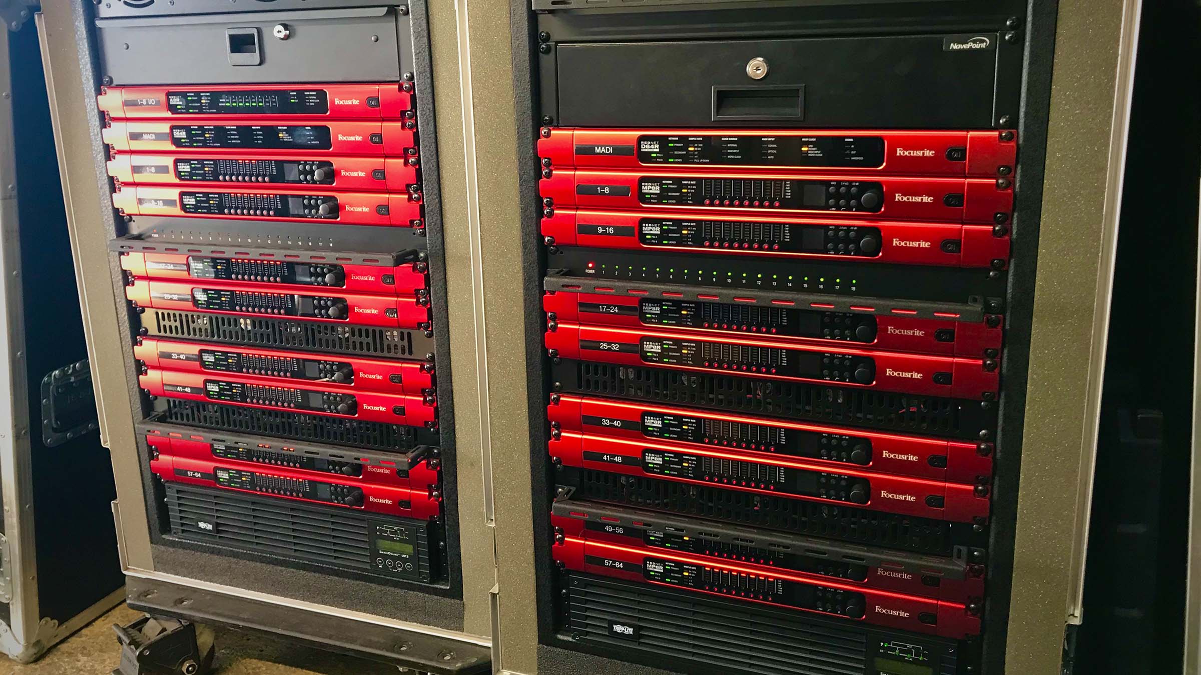 Two gear racks deployed by American Mobile for 2022 Farm Aid, featuring Focusrite RedNet components Two gear racks deployed by American Mobile for 2022 Farm Aid, featuring Focusrite RedNet components